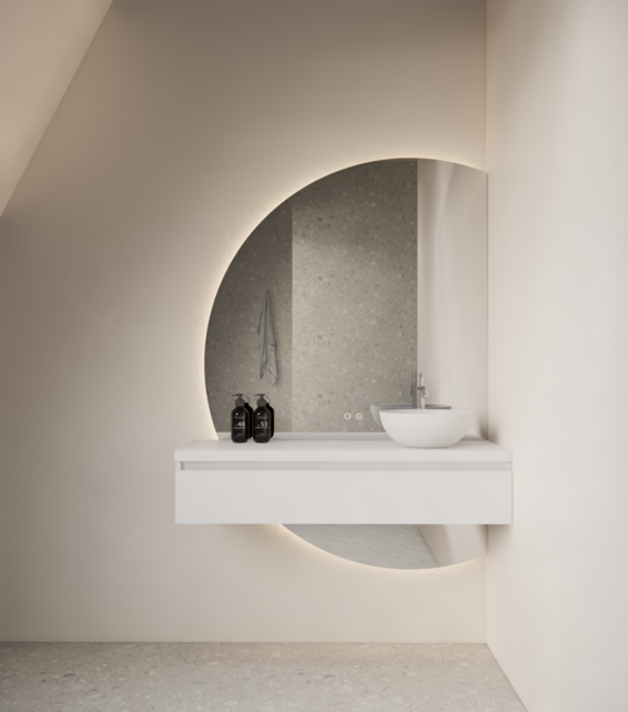 Badkamerspiegel Calypso Halve Maan Rechts 120 cm met Dimbaar LED verlichting en verwarming Badkamerspiegel Calypso Halve Maan Rechts 120 cm met Dimbaar LED verlichting en verwarming