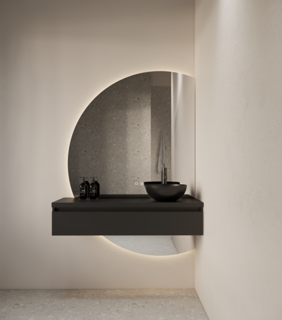 Badkamerspiegel Calypso Halve Maan Rechts 140 cm met Dimbaar LED verlichting en verwarming Badkamerspiegel Calypso Halve Maan Rechts 140 cm met Dimbaar LED verlichting en verwarming