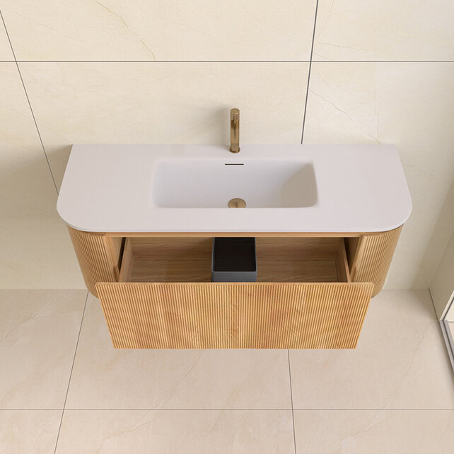 Wastafelmeubel Eleganza Curve met Ribbels Acacia 120 cm met Wastafel enkele wasbak