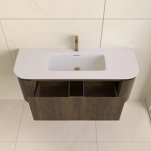 Wastafelmeubel Eleganza Curve met Ribbels Dark Walnoot 120 cm met Wastafel enkele wasbak Wastafelmeubel Eleganza Curve met Ribbels Dark Walnoot 120 cm met Wastafel enkele wasbak