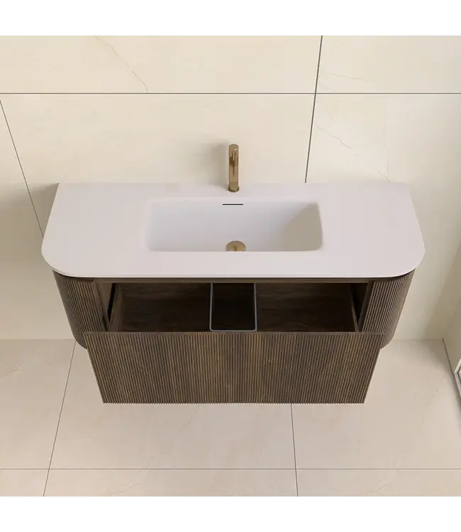 Wastafelmeubel Eleganza Curve met Ribbels Dark Walnoot 120 cm met Wastafel enkele wasbak