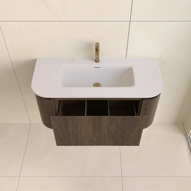 Wastafelmeubel Eleganza Curve met Ribbels Dark Walnoot 100 cm met Wastafel