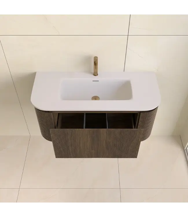 Wastafelmeubel Eleganza Curve met Ribbels Dark Walnoot 100 cm met Wastafel