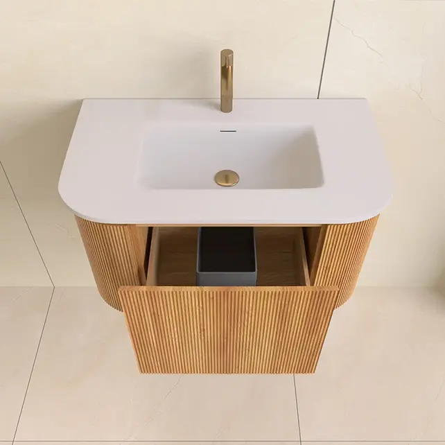 Wastafelmeubel Eleganza Curve met Ribbels Acacia 80 cm met Wastafel Wastafelmeubel Eleganza Curve met Ribbels Acacia 80 cm met Wastafel