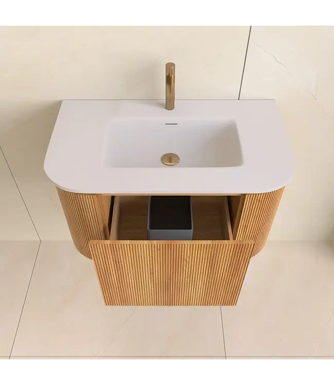 Wastafelmeubel Eleganza Curve met Ribbels Acacia 80 cm met Wastafel