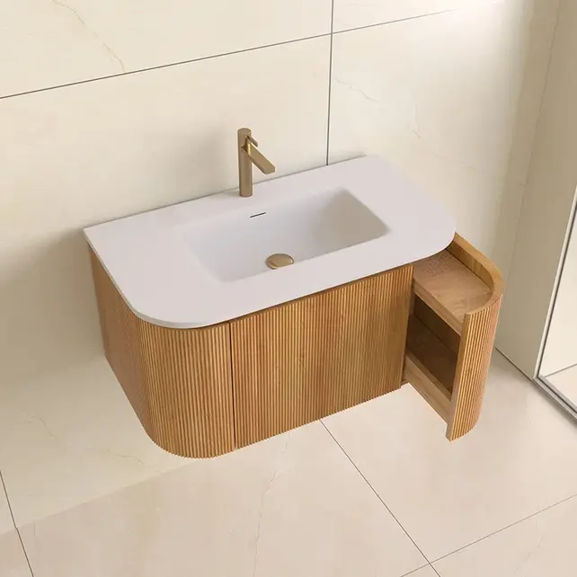 Wastafelmeubel Eleganza Curve met Ribbels Acacia 80 cm met Wastafel Wastafelmeubel Eleganza Curve met Ribbels Acacia 80 cm met Wastafel