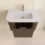 Wastafelmeubel Eleganza Curve met Ribbels Dark Walnoot 80 cm met Wastafel Wastafelmeubel Eleganza Curve met Ribbels Dark Walnoot 80 cm met Wastafel