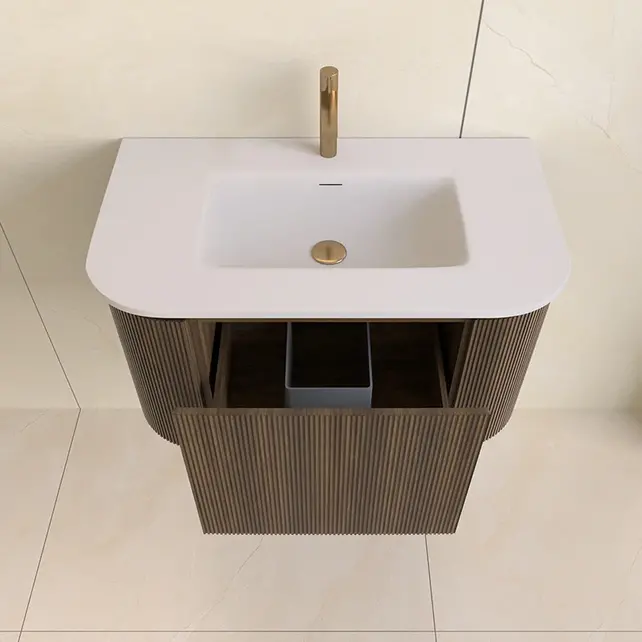 Wastafelmeubel Eleganza Curve met Ribbels Dark Walnoot 80 cm met Wastafel Wastafelmeubel Eleganza Curve met Ribbels Dark Walnoot 80 cm met Wastafel