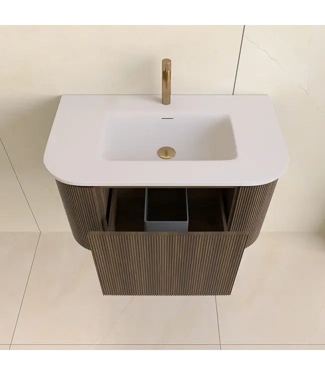 SANI-SUPPLY Wastafelmeubel Eleganza Curve met Ribbels Dark Walnoot 80 cm met Wastafel