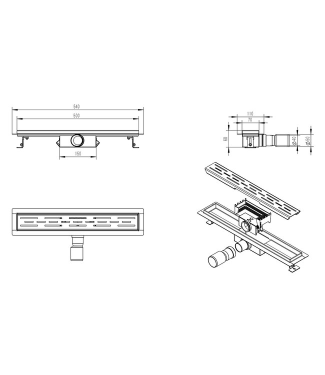 Wiesbaden Douchegoot Mat Zwart 50cm met Flens - Uitneembaar Sifon + uitneembaar haarfilter - 33.4191