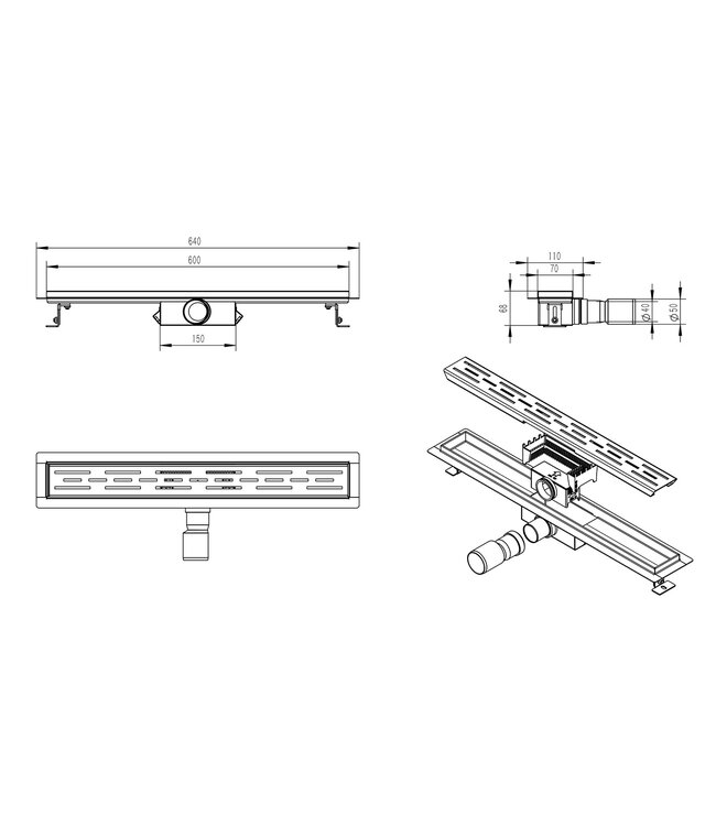 Wiesbaden Douchegoot Mat Zwart 60cm met Flens - Uitneembaar Sifon + uitneembaar haarfilter - 33.4192