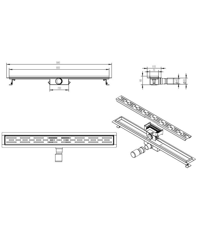 Wiesbaden Douchegoot Mat Zwart 80cm met Flens - Uitneembaar Sifon + uitneembaar haarfilter - 33.4186
