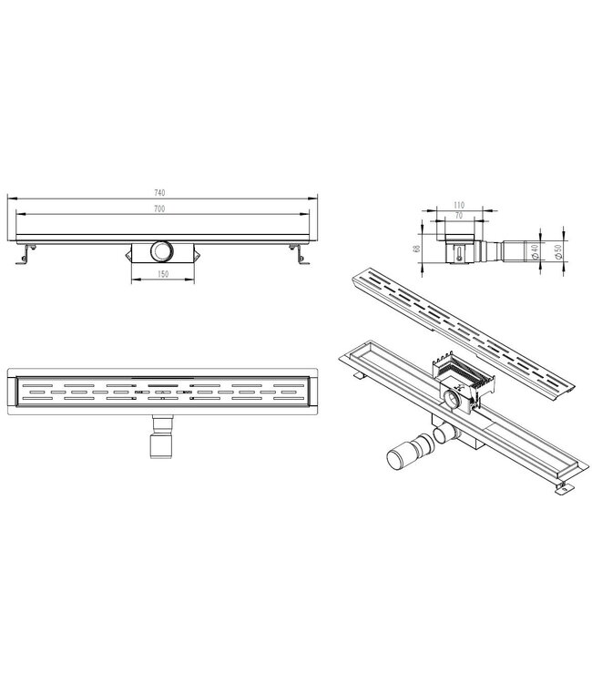 Douchegoot Mat Zwart 70cm met Flens - Uitneembaar Sifon + uitneembaar haarfilter - 33.4185
