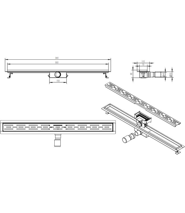 Douchegoot Mat Zwart 90cm met Flens - Uitneembaar Sifon + uitneembaar haarfilter - 33.4187