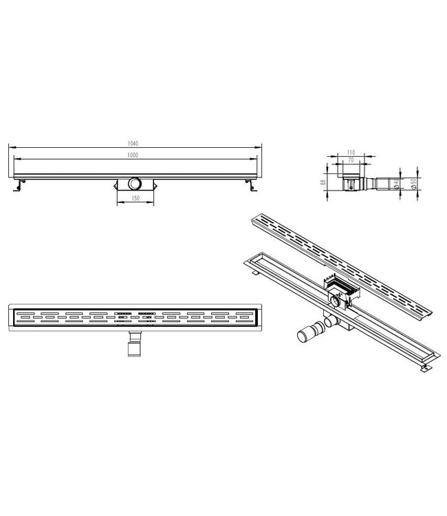 Douchegoot Geborsteld Messing 90cm met Flens - Uitneembaar Sifon + uitneembaar haarfilter - 33.4612