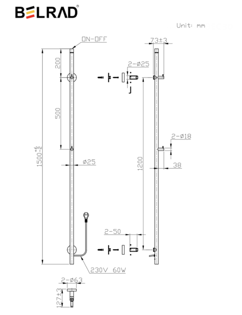 Elektrische Staaf Handdoekradiator Rod Mat Zwart Enkel 60 Watt