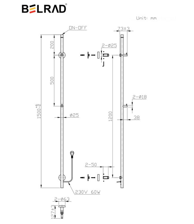 Elektrische Staaf Handdoekradiator Rod Geborsteld Koper Dubbel 120 Watt