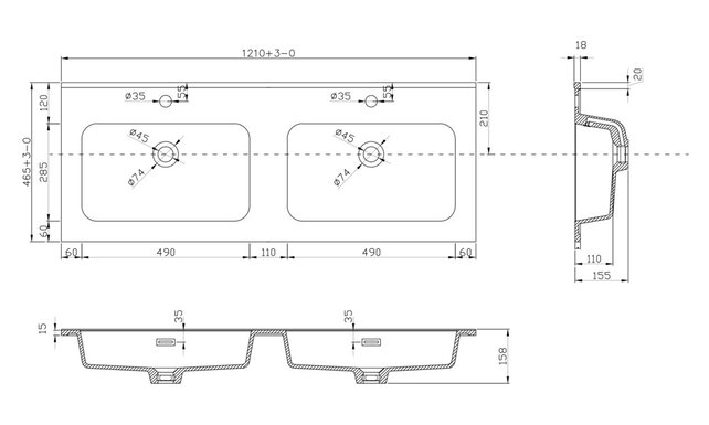Ribbella wastafel 120 cm kunstmarmer mat zwart - 38.3537 Ribbella wastafel 120 cm kunstmarmer mat zwart - 38.3537