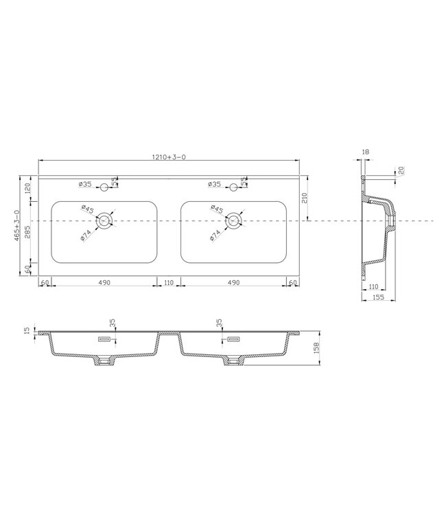 Ribbella wastafel 120 cm kunstmarmer mat zwart - 38.3537
