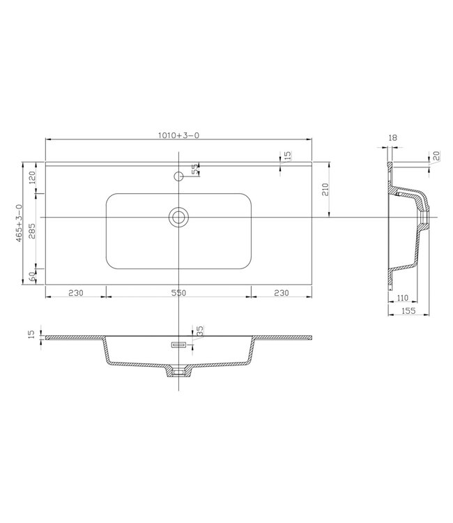 Ribbella wastafel 100 cm kunstmarmer mat zwart - 38.3534