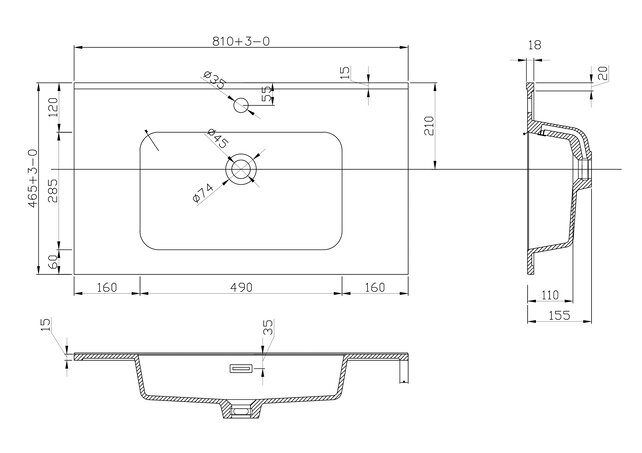 Ribbella wastafel 80 cm kunstmarmer mat zwart - 38.3531 Ribbella wastafel 80 cm kunstmarmer mat zwart - 38.3531