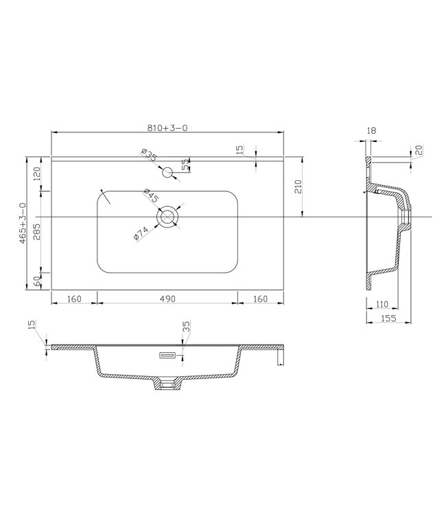 Wiesbaden Ribbella wastafel 80 cm kunstmarmer mat zwart - 38.3531