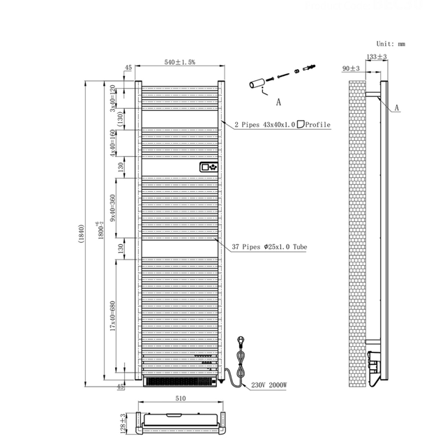 Elektrische Handdoekradiator Dahlia Mat Zwart 184x54cm 2000 Watt met blower - Programmeerbaar Elektrische Handdoekradiator Dahlia Mat Zwart 184x54cm 2000 Watt met blower - Programmeerbaar