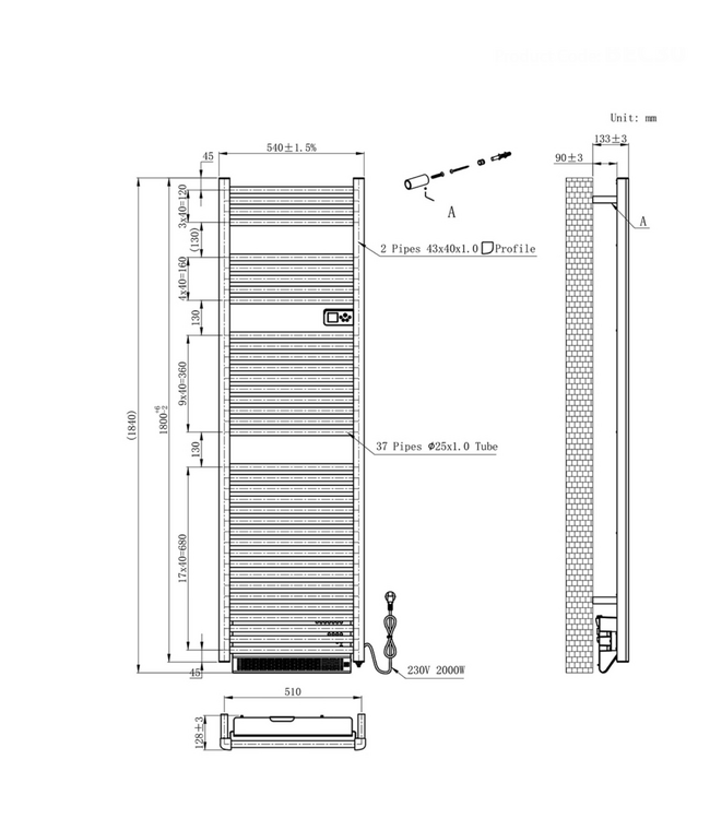 Elektrische Handdoekradiator Dahlia Mat Zwart 184x54cm 2000 Watt met blower - Programmeerbaar