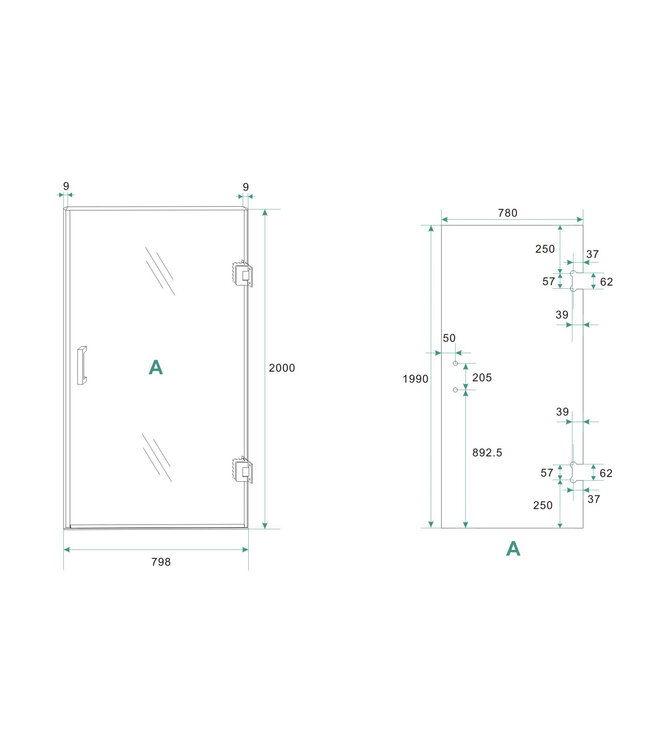 Douchedeur Less Mat Zwart 80x200cm Spiegelrook naar helder Glas – Antikalk – Links / Rechts