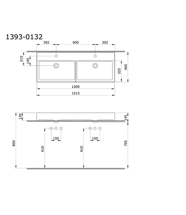 Wastafel Milano Mat Grijs Beton 120x46x12cm Dubbele wasbak - met kraangat en overloop