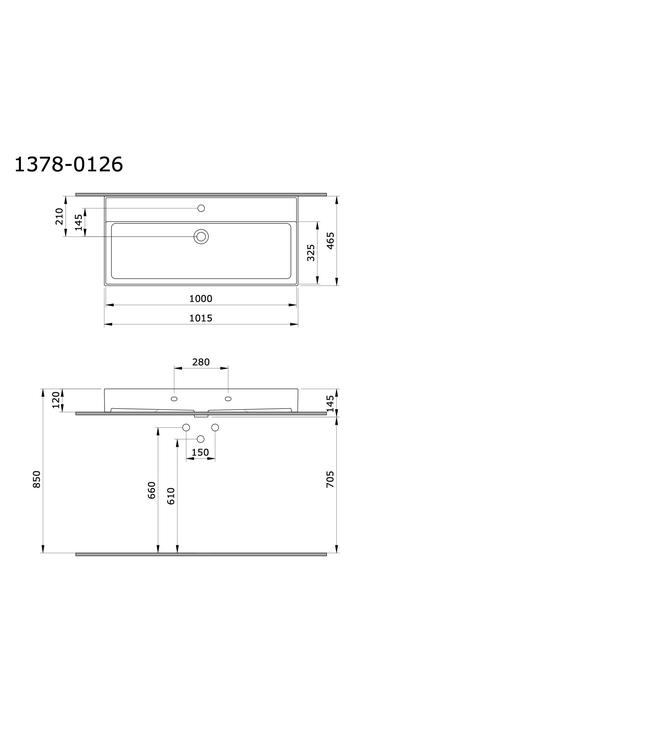 Wastafel Milano Glans Wit 100x46x12cm - met kraangat en overloop