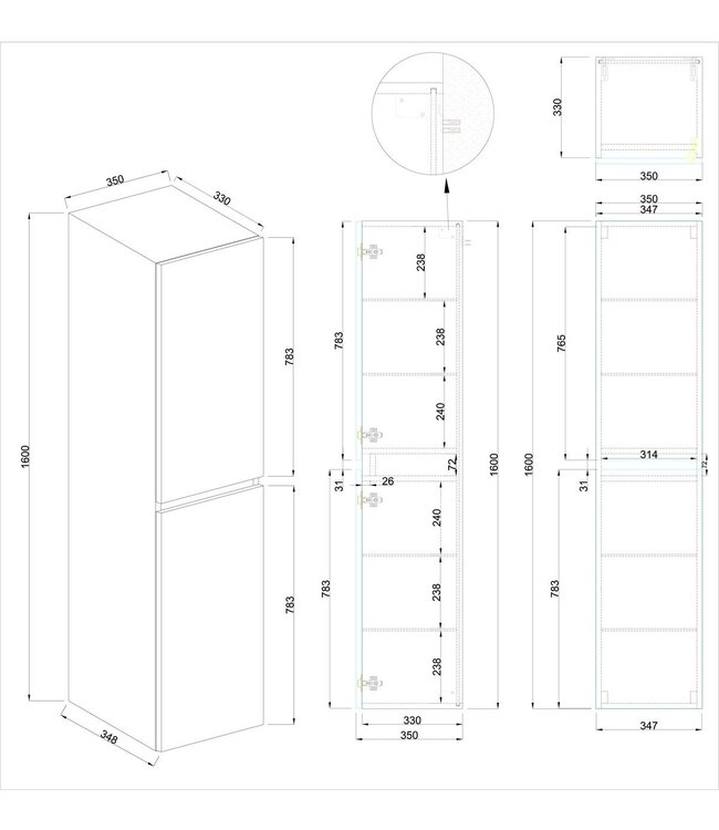 Kolomkast Vision Glans Wit160cm 2-delig deur - 38.3930