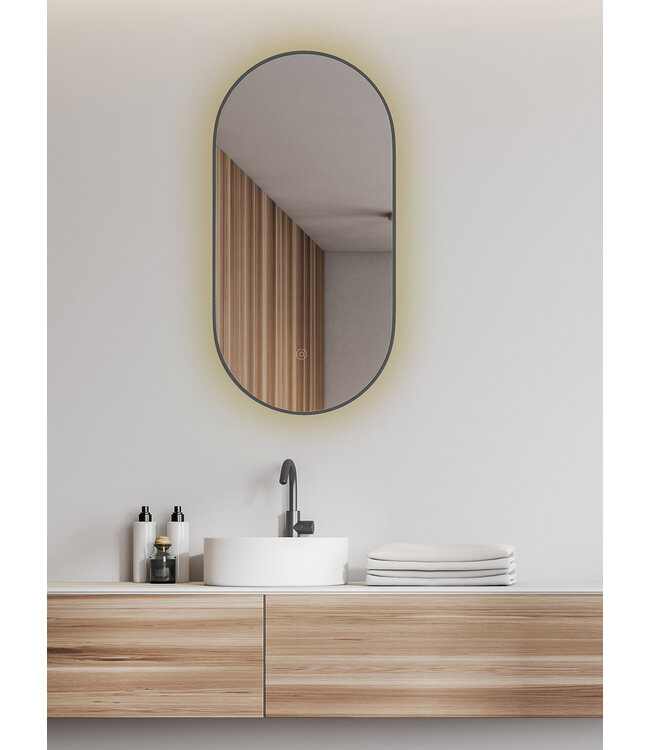 Spiegel ovaal Wiesbaden Nomi 50x100cm Gunmetal met LED, dimbaar en spiegelverwarming - 38.3703