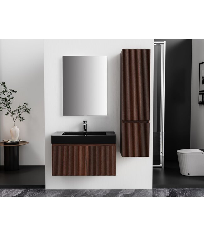 Badkamermeubel Ela Walnoot 80cm Ribbelfront - Wastafel Mat Zwart met kraangat