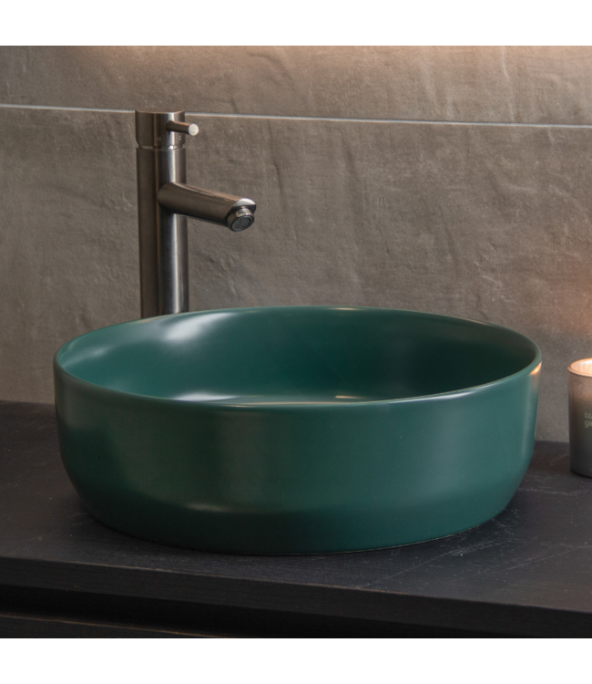 Waskom Mat Jade Groen rond 39x12cm keramiek incl. bijpassend click-waste