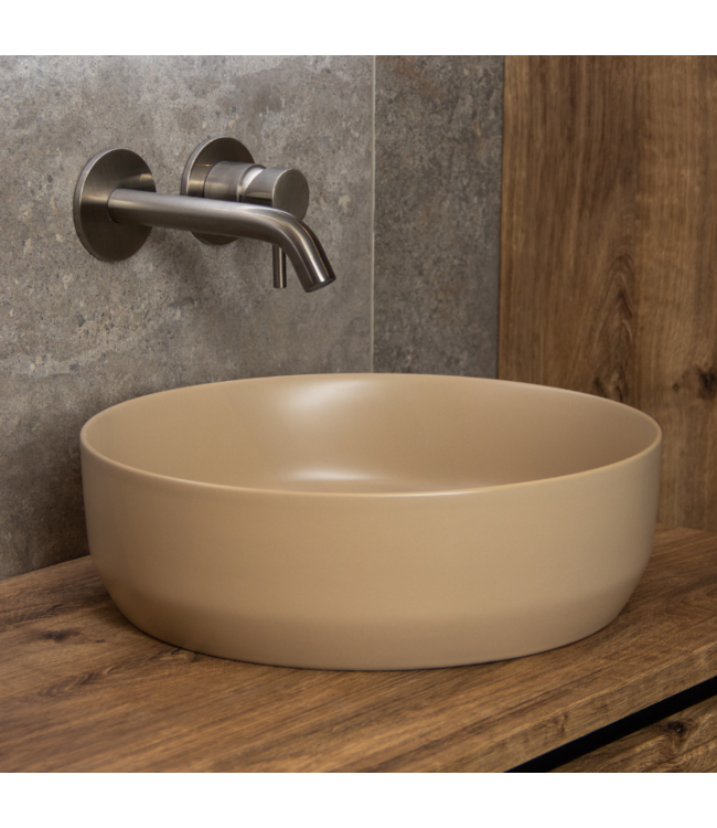 Waskom Minerva Mat Zand Beige rond 39x12cm keramiek incl bijpassend click waste