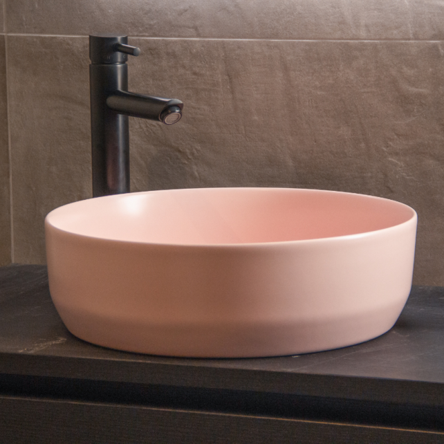 Waskom Minerva Mat Pastel Roze rond 39x12cm keramiek incl bijpassend click waste