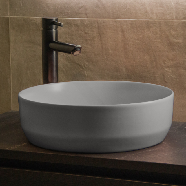 Waskom Minerva Mat Grijs rond 39x12cm keramiek incl bijpassend click waste