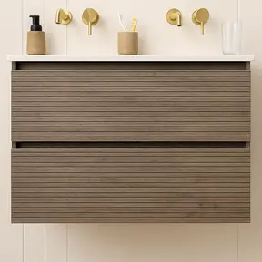 Wastafelonderkast Ribbelfront Elite Licht Hout 60cm Greeploos lades met horizontale reliëf