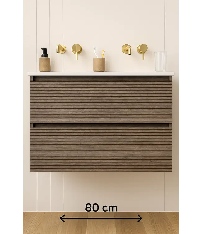 Wastafelonderkast Ribbelfront Elite Licht Hout 60cm Greeploos lades met horizontale reliëf