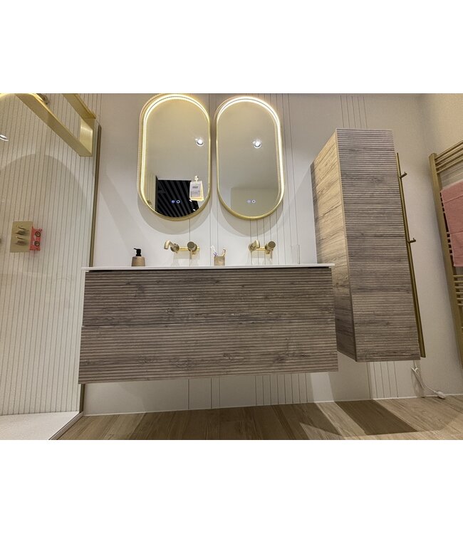 Wastafelonderkast Ribbelfront Elite Licht Hout 60cm Greeploos lades met horizontale reliëf