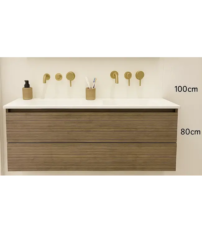 Wastafelonderkast Ribbelfront Elite Licht Hout 120cm Greeploos lades met horizontale reliëf