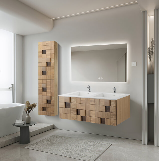 Wastafel Wonda Square slim 120cm - Kunstmarmer Dubele wasbak met 2 kraangaten