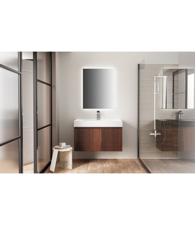 Badkamermeubel Ela Walnoot 80cm Ribbelfront - Wastafel Wit met kraangat