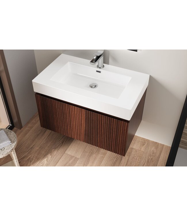 Badkamermeubel Ela Walnoot 80cm Ribbelfront - Wastafel Wit met kraangat