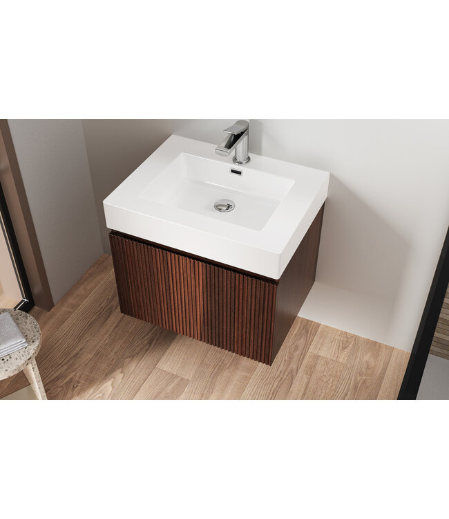 Badkamermeubel Ela Walnoot 60cm Ribbelfront - Wastafel Wit met kraangat