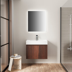 Badkamermeubel Ela Walnoot 60cm Ribbelfront - Wastafel Wit met kraangat