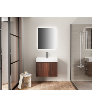 ALONI Badkamermeubel Ela Walnoot 60cm Ribbelfront - Wastafel Wit met kraangat