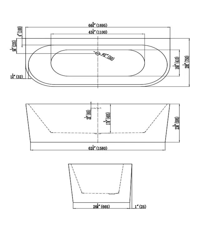 DutchLine Half Vrijstaand bad Ferro Mat Wit 170x75x60cm acryl met waste en overloop
