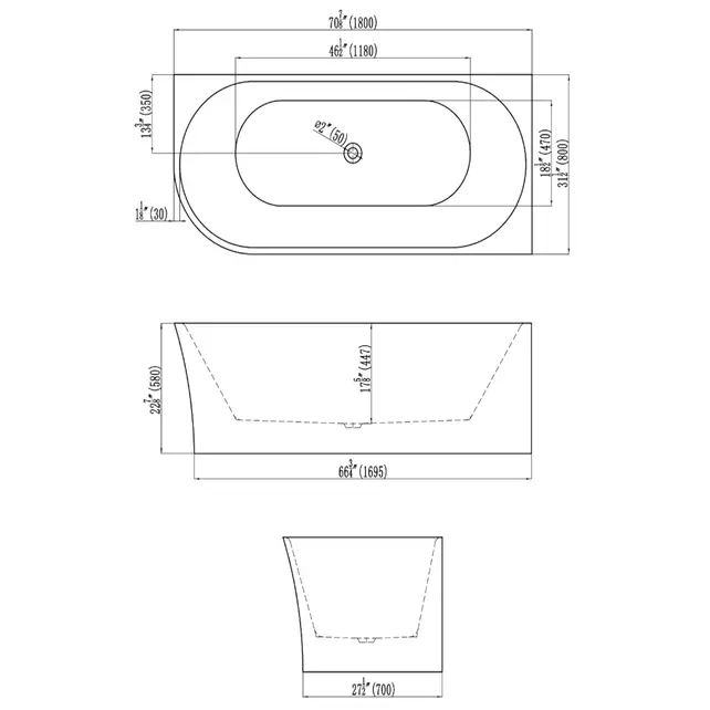 Half Vrijstaand hoekbad Ferro Rechts Mat Wit 180x80x58cm acryl met waste en overloop